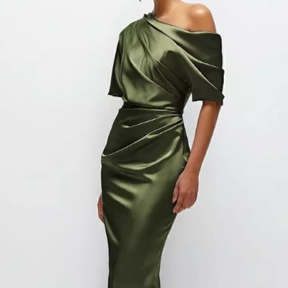 After Six “Nathalie” Ruched One-Shoulder Satin Gown – Size L (Olive Green) - Picture 4 of 16